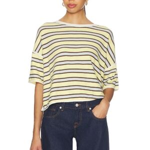 Free People Yellow and Brown Striped Short Sleeve Tee
